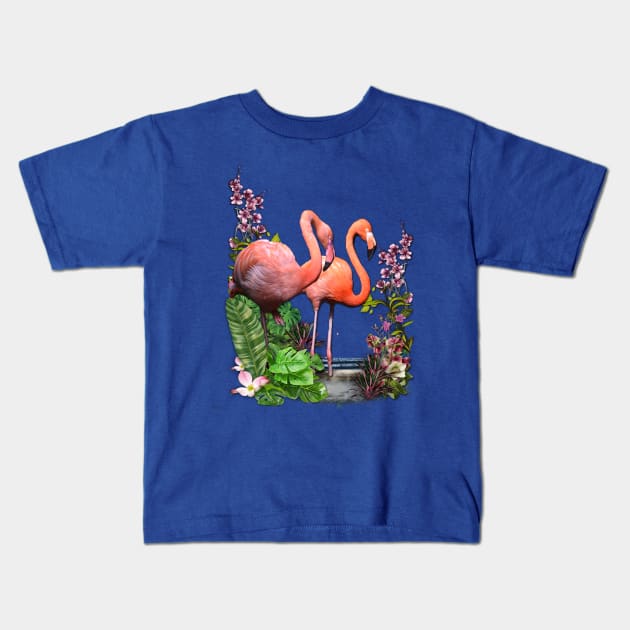 Pink Flowers & Flamingos Kids T-Shirt by Nadine8May